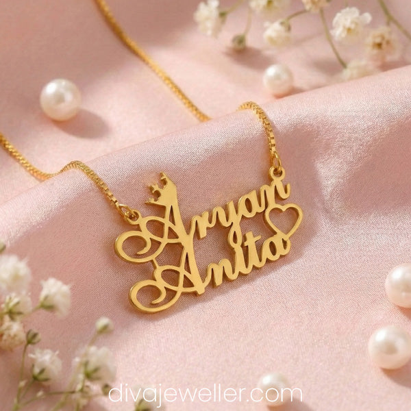 Crown and Heart Couple Name Necklace