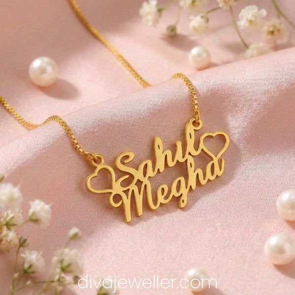 Two Hearts Couple Name Necklace
