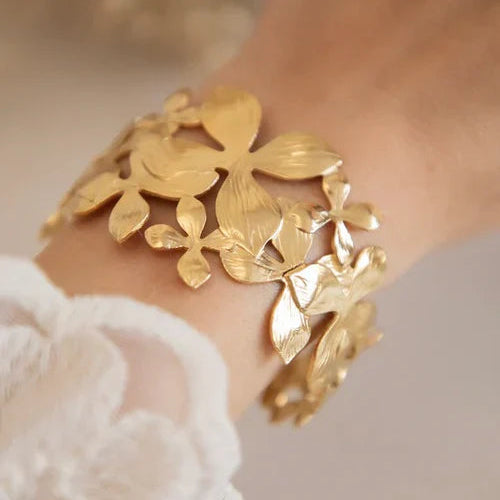 Golden Textured Flower Broad Bracelet