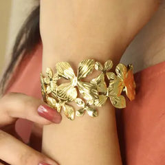 Golden Textured Flower Broad Bracelet