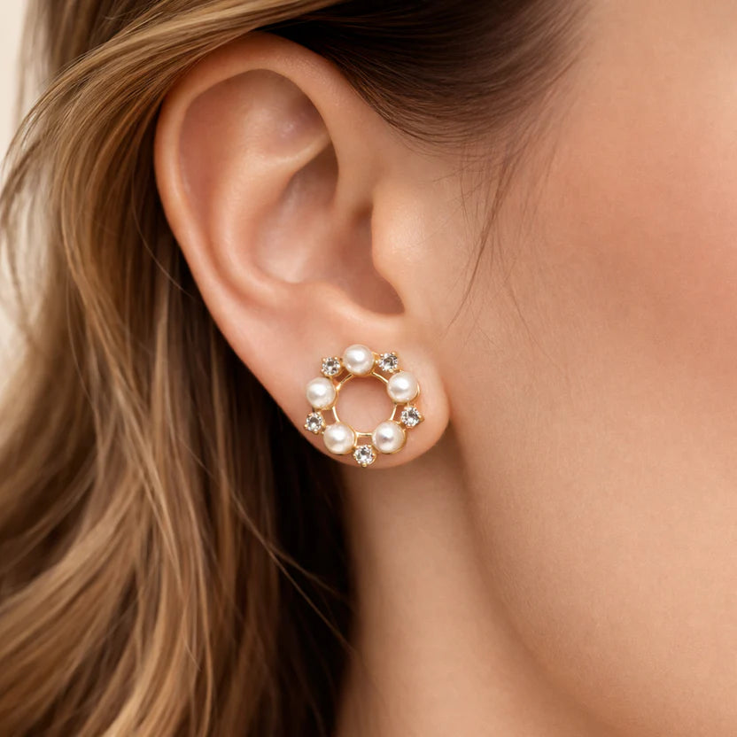 Circular Pearl & Decorative Stone Earrings