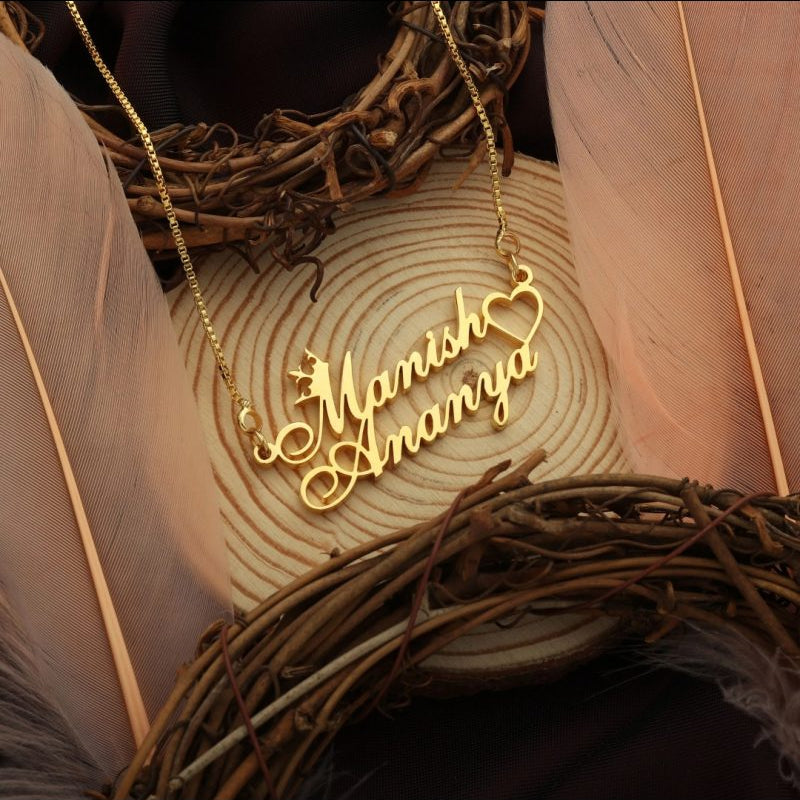 Crown and Heart Couple Name Necklace