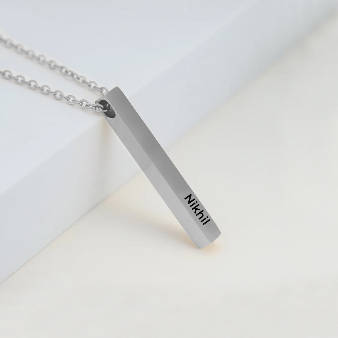 Silver Cuboid Vertical Bar Name Necklace